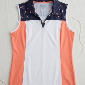 Izod Women's XL Sleeveless Polo Golf - White, Coral & Navy Flamingo #254
